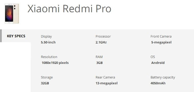 Xiaomi Redmi Pro specs
